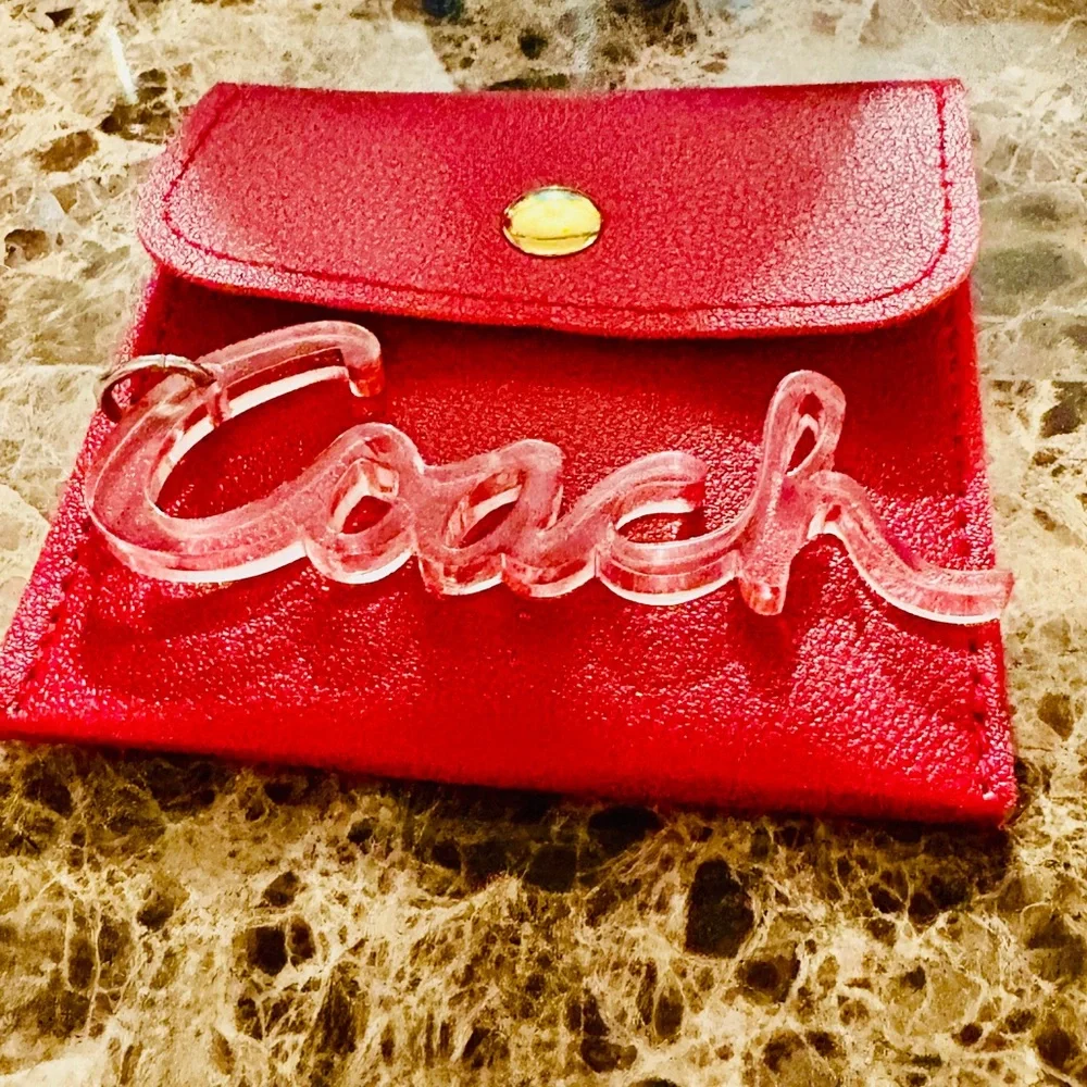 3” COACH Clear Pink Poppy Script Resin Hangtag Bag Charm & Pouch, EUC